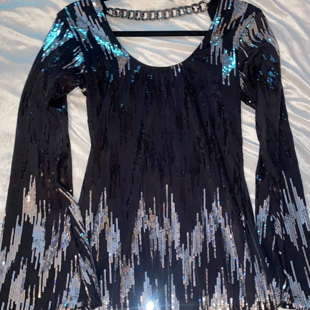Sky Sequined Black Silver Stunning Dress Size M Studded Back Chain Detail